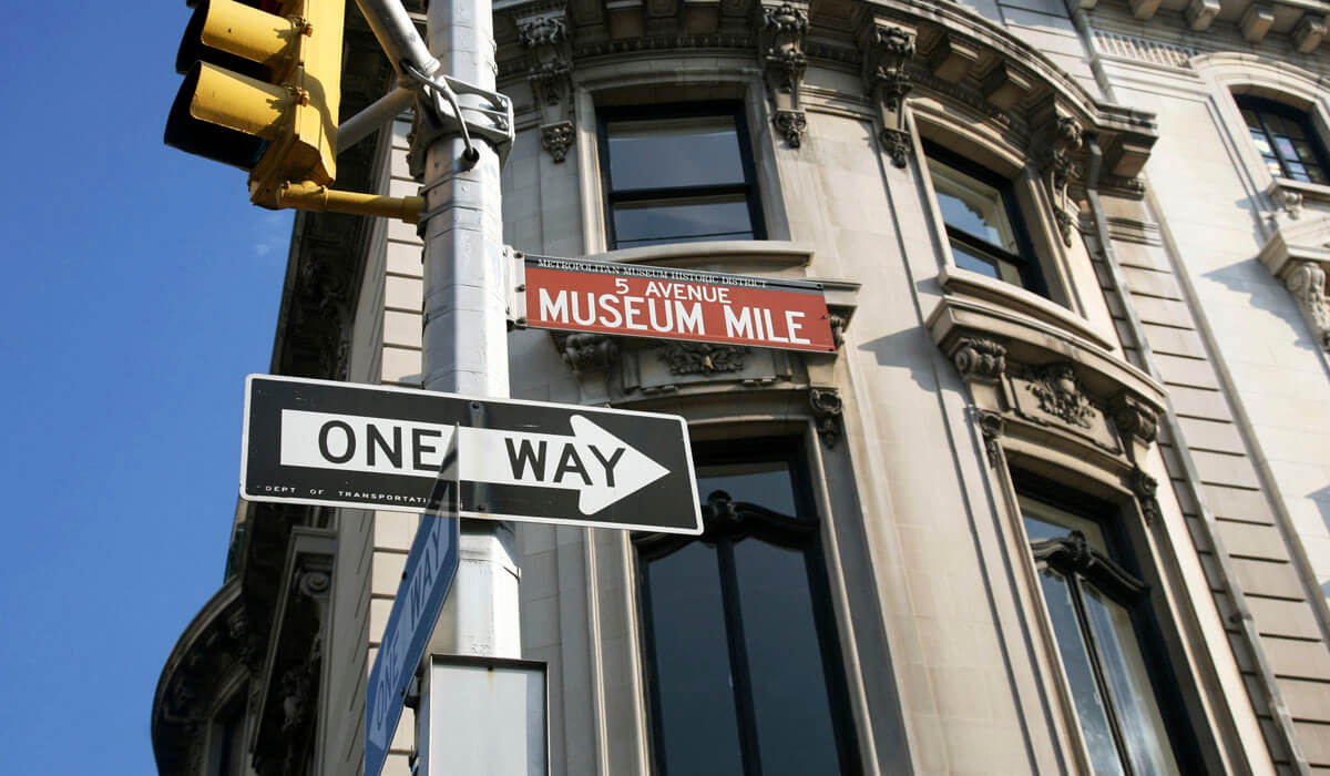 Street sign for Museum Mile and Fifth Avenue in New York City near the Frick Collection