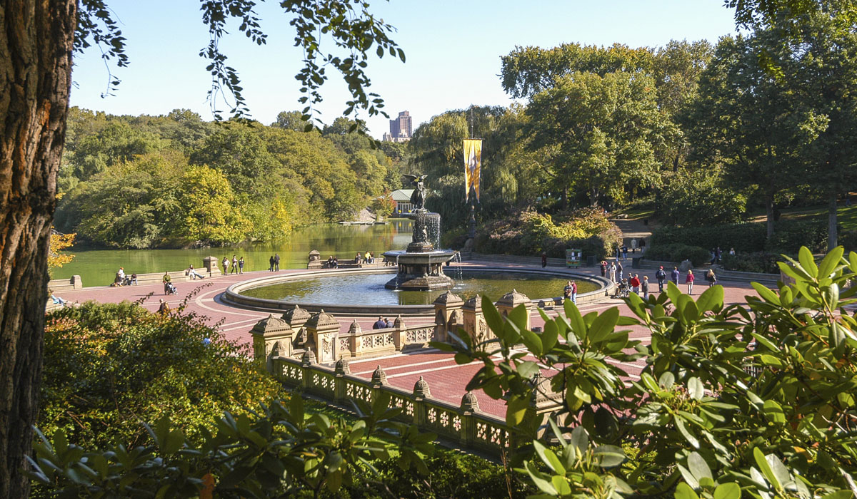 Bethesda Terrace and Fountain in Central Park on a sunny spring day in New York City